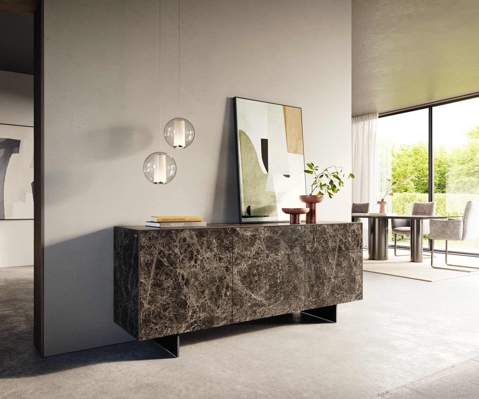 Sideboard Cuor 180 cm Keramik Emperador Extra Lucidato Dunkelbraun 2 Türen 3 Schubfächer Fuß Schwebeoptik Metall Schwarz