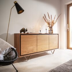 Sideboard Stonegrace 145 cm Akazie Natur 3 Türen Steinfurnier V-Fuß