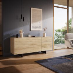 Sideboard Cuor 180 cm Keramik Laminam® Sabbia Eichefarbig 2 Türen 3 Schubfächer Fuß Schwebeoptik Metall Schwarz