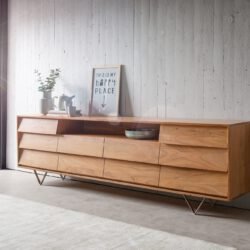 Sideboard Eloi 240x40 cm Akazie Natur 2 Türen 6 Schubladen V-Fuß Edelstahl