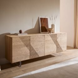 Sideboard Tereos 200 cm Eiche Natur 3D Effekt 4 Türen Fuß Schwebeoptik Acrylglas