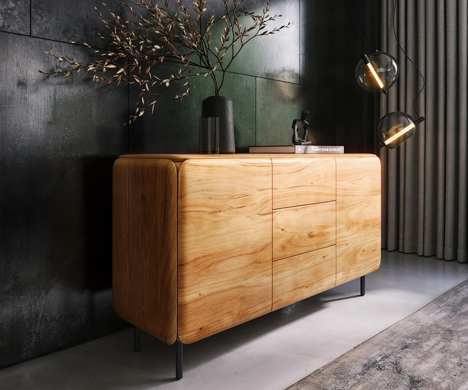 Sideboard Shavani 145 cm Akazie Natur 2 Türen 3 Schubladen Rundfuß Metall Schwarz