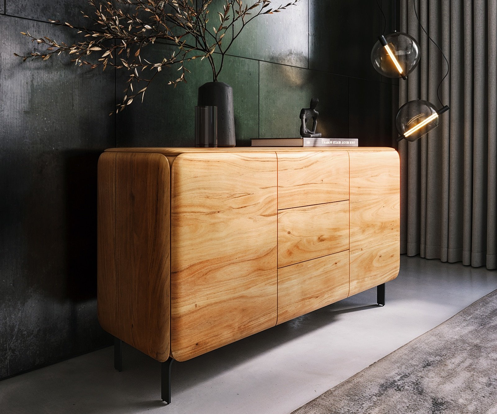 Sideboard Shavani 145 cm Akazie Natur 2 Türen 3 Schubladen L-Fuß Metall Schwarz