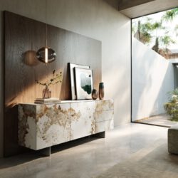Sideboard Cuor 180 cm Keramik Minas Melange Weiß-Beige 2 Türen 3 Schubfächer Fuß Schwebeoptik Edelstahl