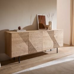 Sideboard Tereos 200 cm Eiche Natur 3D Effekt 4 Türen Rundfuß Metall Schwarz
