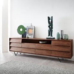 Sideboard Eloi 240x40 cm Akazie Braun 2 Türen 6 Schubladen V-Fuß Schwarz