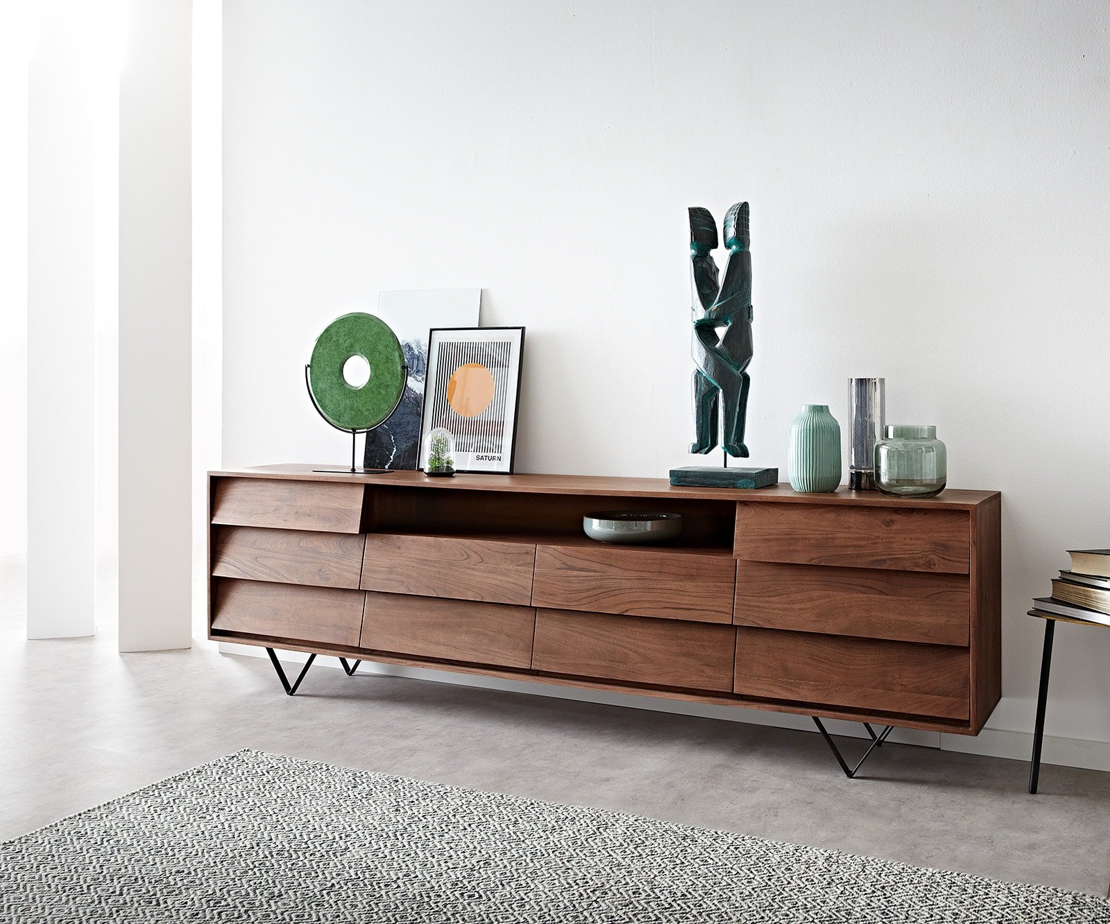 Sideboard Eloi 240x40 cm Akazie Braun 2 Türen 6 Schubladen V-Fuß Schwarz