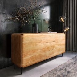 Sideboard Shavani 175 cm Akazie Natur 2 Türen 3 Schubladen L-Fuß Metall Schwarz