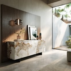 Sideboard Cuor 180 cm Keramik Minas Melange Weiß-Beige 2 Türen 3 Schubfächer Fuß Schwebeoptik Metall Schwarz