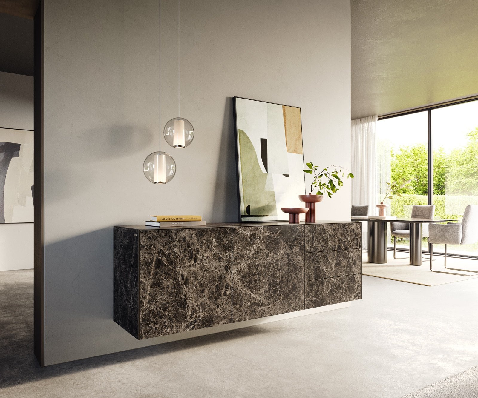 Sideboard Cuor 180 cm Keramik Emperador Extra Lucidato Dunkelbraun 2 Türen 3 Schubfächer Schwebend