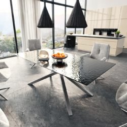 Esstisch Edge 200x100 Reliefglas Rauchschwarz 3D-Design Kreuzgestell Rechteck Edelstahl