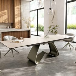 Esstisch Edge 200-300x100 Keramik Laminam® Travertino Bianco Creme-Weiß W-Gestell Effektfinish Titan ausziehbar