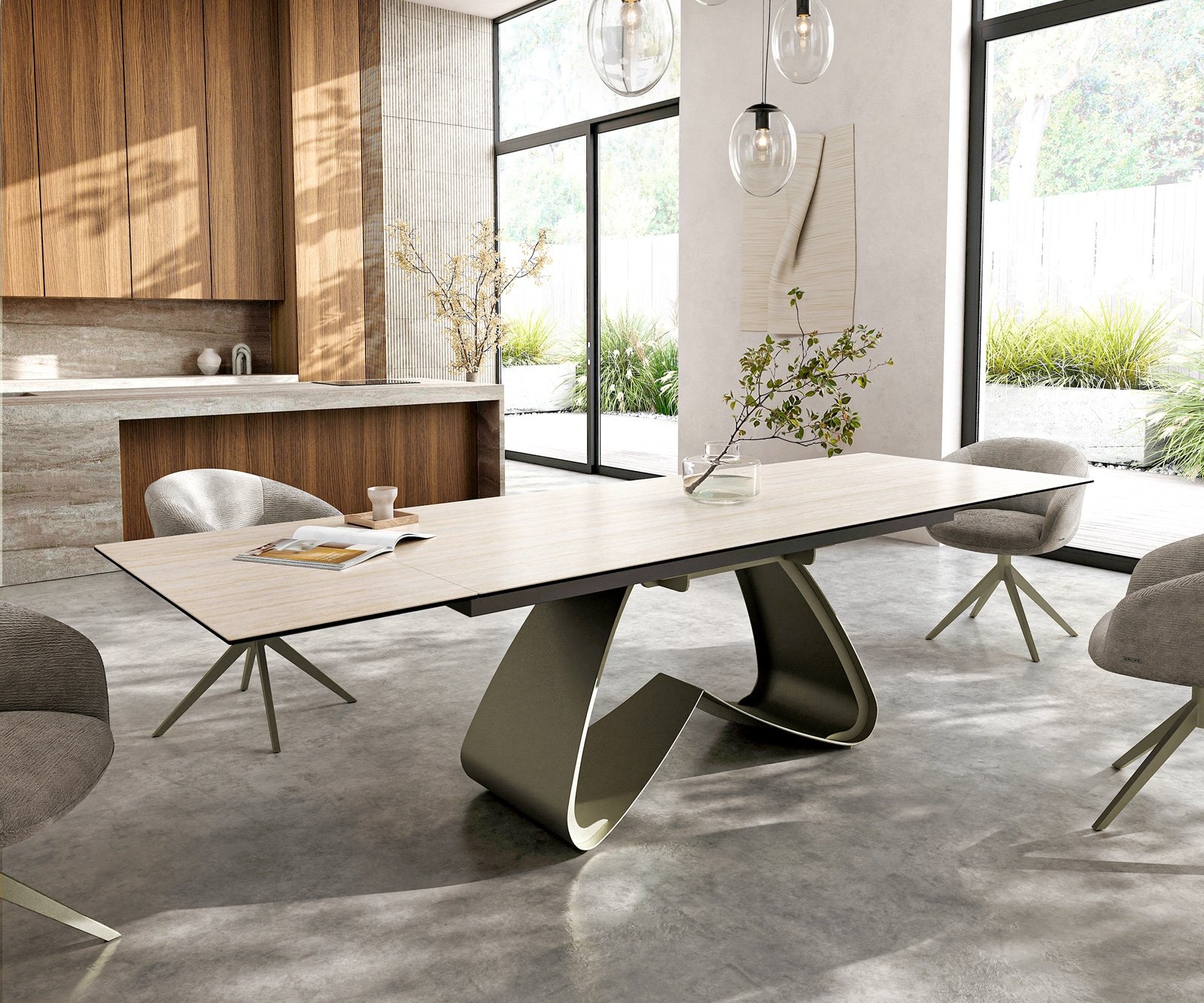 Esstisch Edge 200-300x100 Keramik Laminam® Travertino Bianco Creme-Weiß W-Gestell Effektfinish Titan ausziehbar