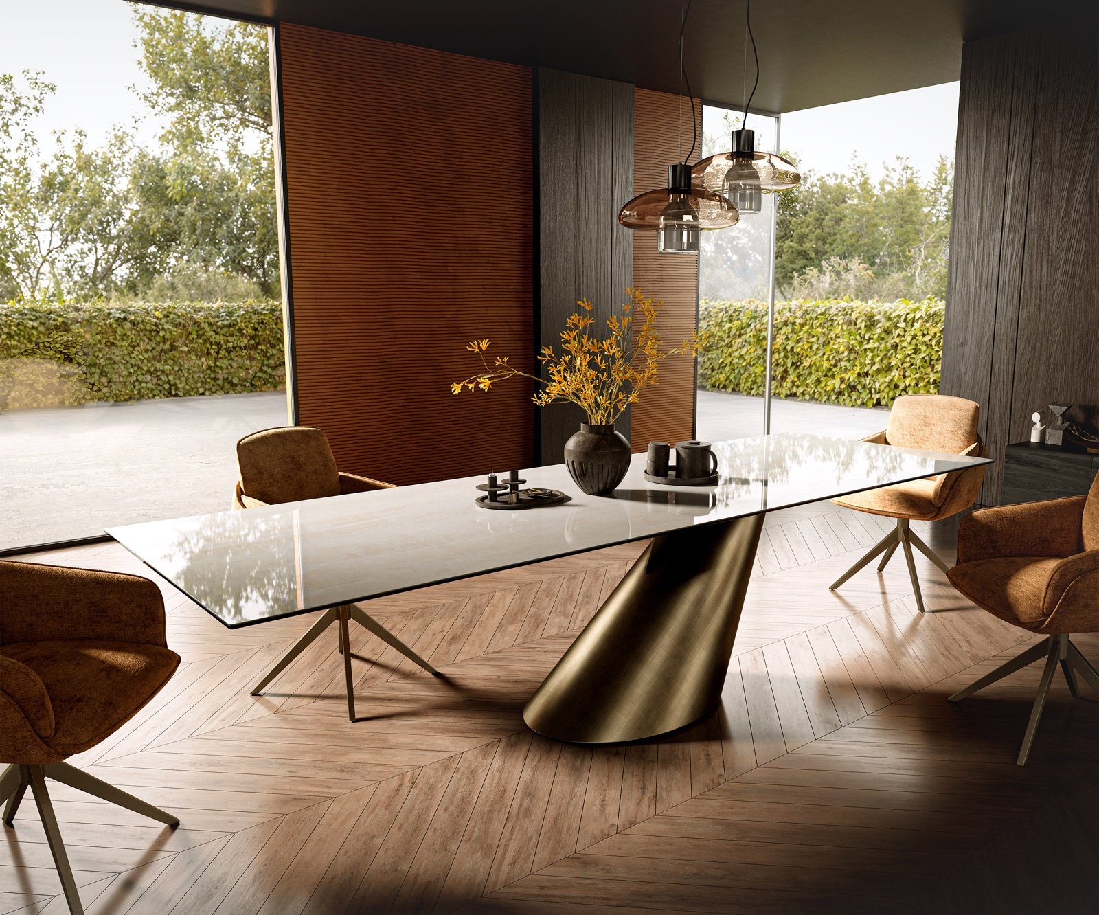 Esstisch Edge 300x100 cm Keramik Onyx Champagne Cono Metallic Gold