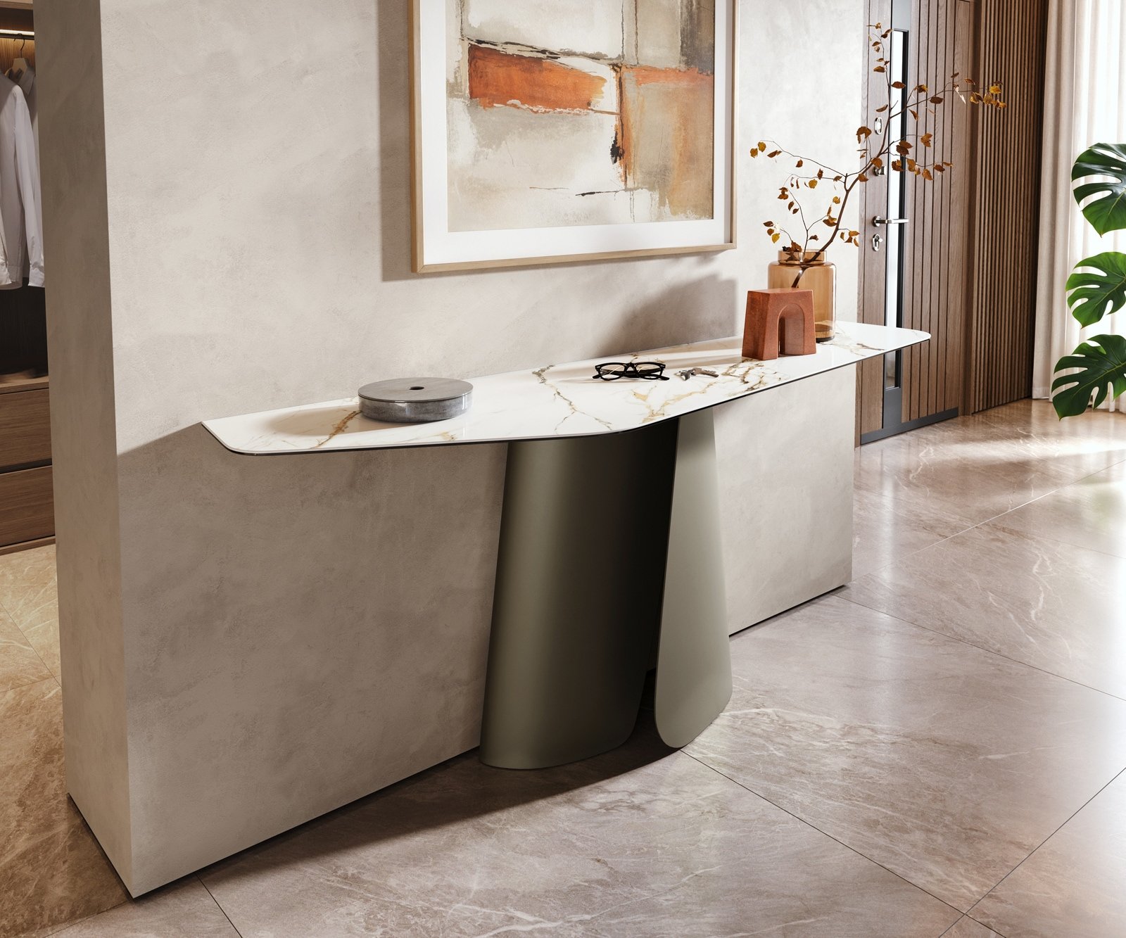 Konsolentisch Edge Polygonal 180x50 cm Keramik Calacatta Luxe Weiß-Gold-Grau Livos Metall Effektfinish Titan