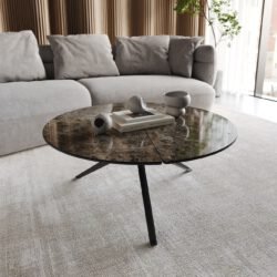 Couchtisch Delron 90x90 cm Keramik Emperador Extra Lucidato Dunkelbraun Kreuzfuß Flach Metall Schwarz
