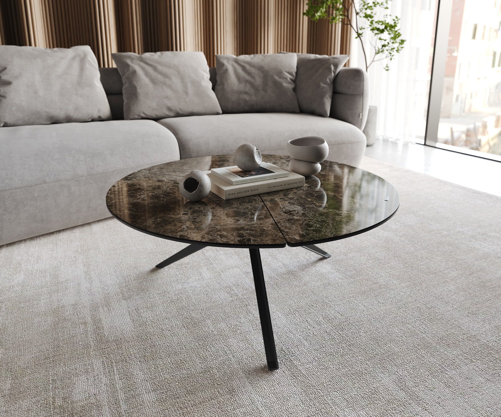 Couchtisch Delron 90x90 cm Keramik Emperador Extra Lucidato Dunkelbraun Kreuzfuß Flach Metall Schwarz