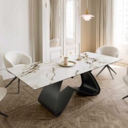 Esstisch Edge 180-220x100 Keramik Calacatta Luxe Weiß-Gold-Grau W-Gestell Schwarz ausziehbar