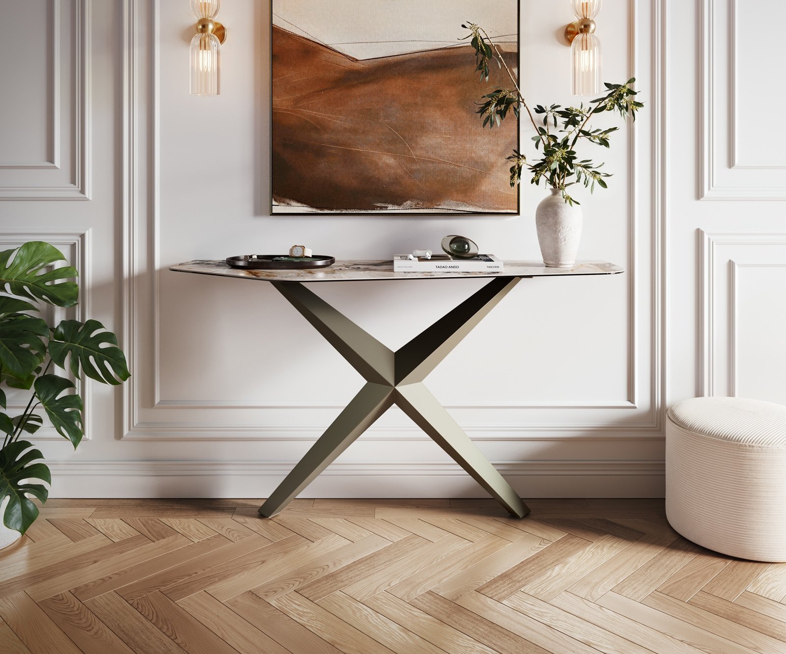 Konsolentisch Edge Polygonal 140x50 cm Keramik Patagonia Poliert Zentharo Metall Effektfinish Titan