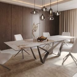 Esstisch Edge 300x100 Keramik Minas Melange Weiß-Beige Spider Flachstahl Edelstahl