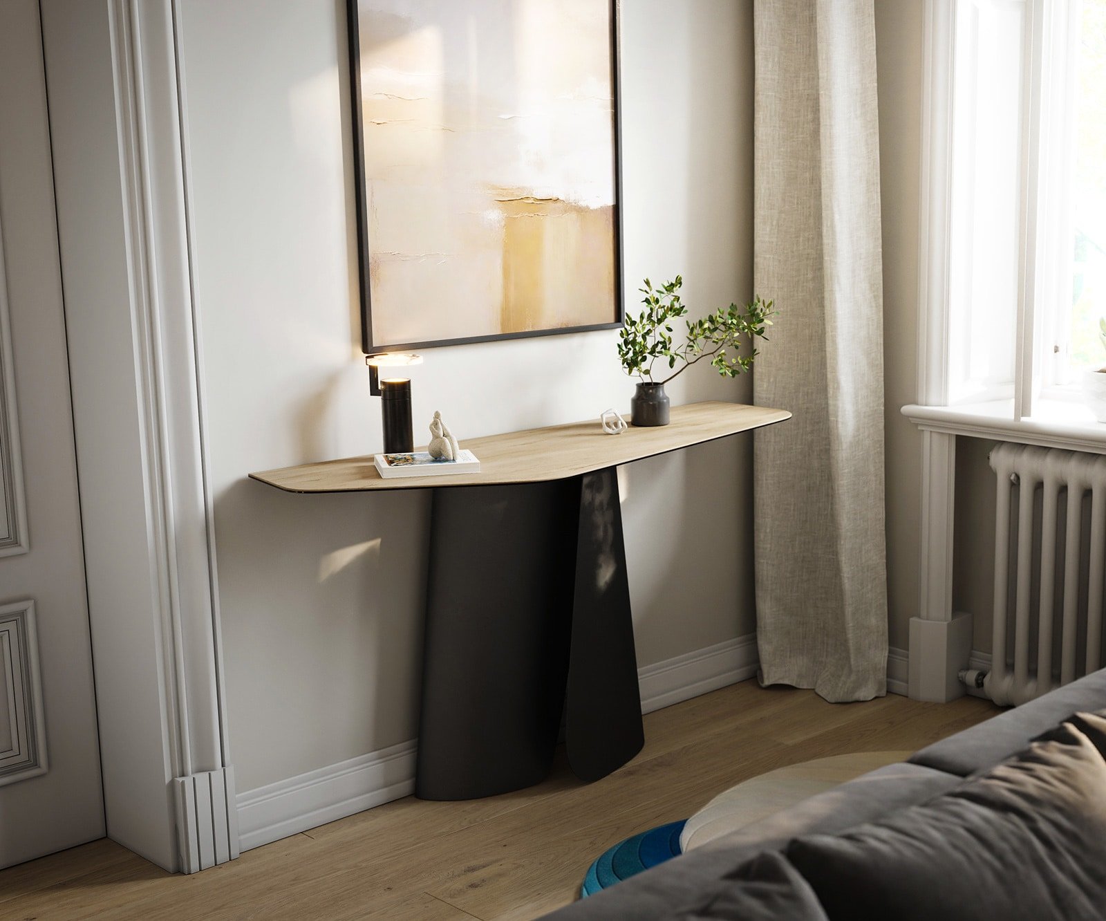 Konsolentisch Edge Polygonal 140x50 cm Keramik Laminam® Sabbia Eichefarbig Livos Metall Schwarz