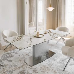 Esstisch Edge 180-220x100 Keramik Calacatta Luxe Weiß-Gold-Grau Wave Edelstahl ausziehbar