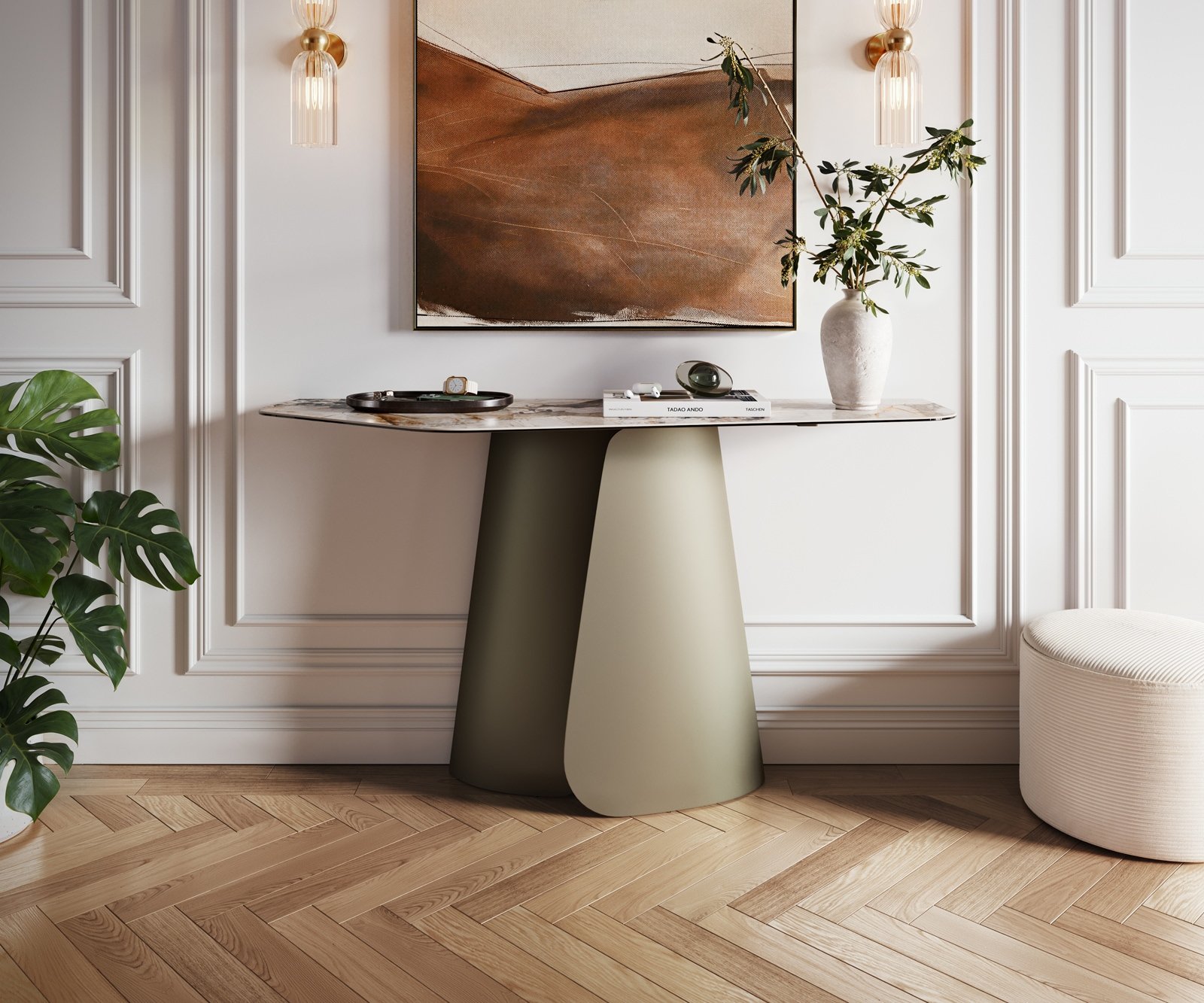 Konsolentisch Edge Polygonal 140x50 cm Keramik Patagonia Poliert Livos Metall Effektfinish Titan