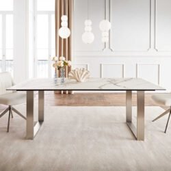 Esstisch Edge 200x100 Keramik Calacatta Luxe Weiß-Gold-Grau Edelstahl Schmal