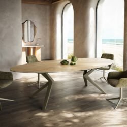 Esstisch Edge Oval 280x130 Keramik Laminam® Sabbia Eichefarbig Zenthara kantig Metall Effektfinish Titan