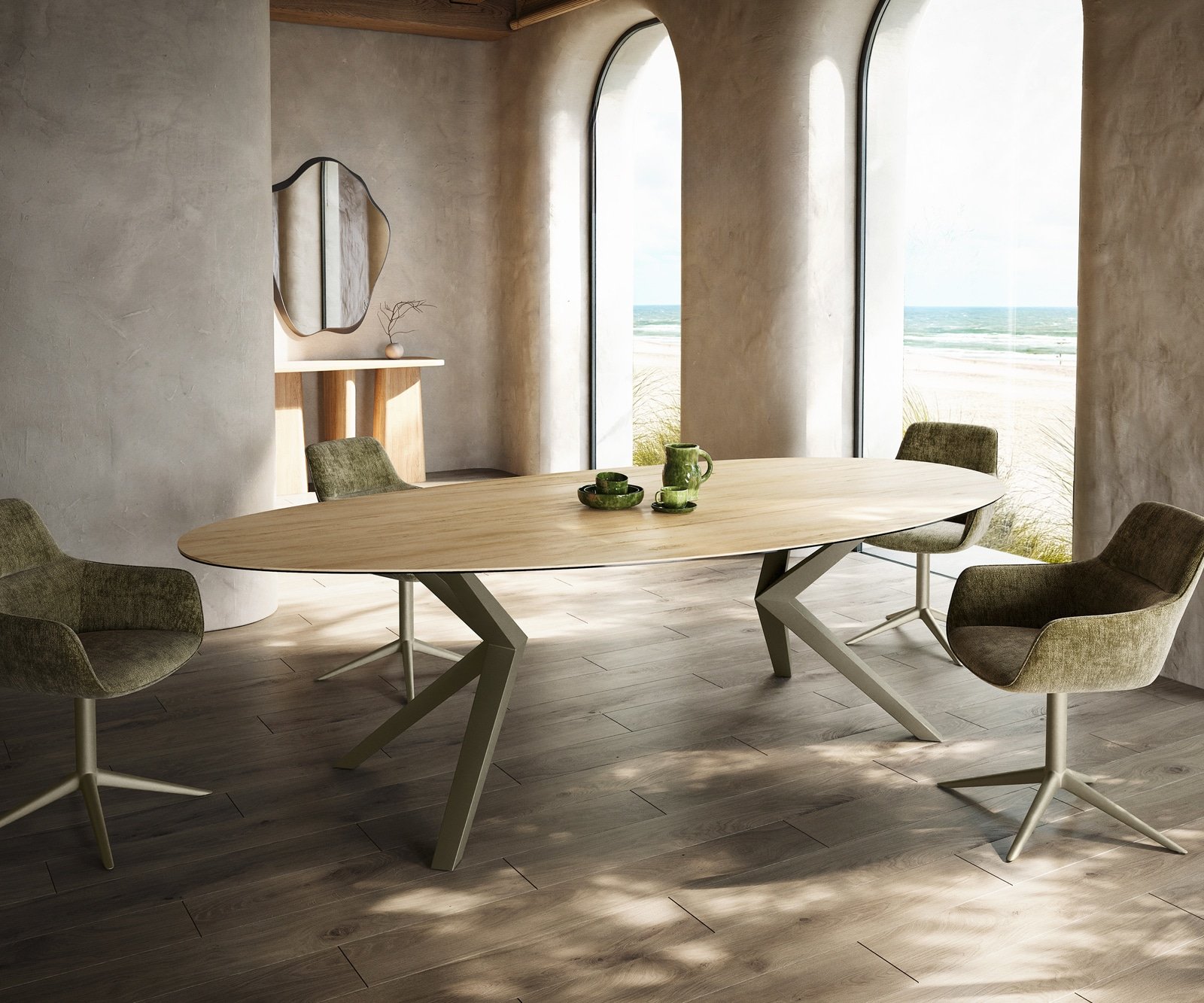 Esstisch Edge Oval 280x130 Keramik Laminam® Sabbia Eichefarbig Zenthara kantig Metall Effektfinish Titan
