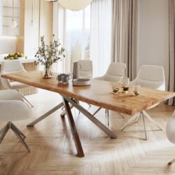 Esstisch Edge 280x100 XL Akazie Natur Kreuzgestell Rechteck Edelstahl Live-Edge