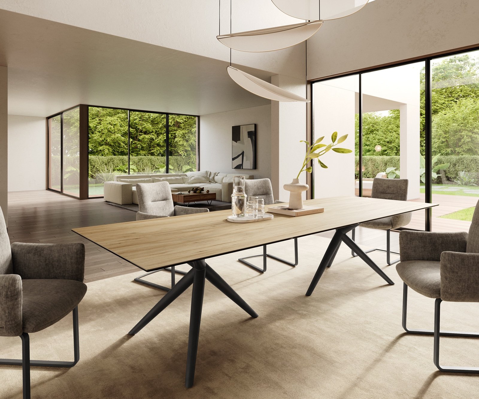 Esstisch Edge 300x100 Keramik Laminam® Sabbia Eichefarbig Estelar rund Metall Schwarz