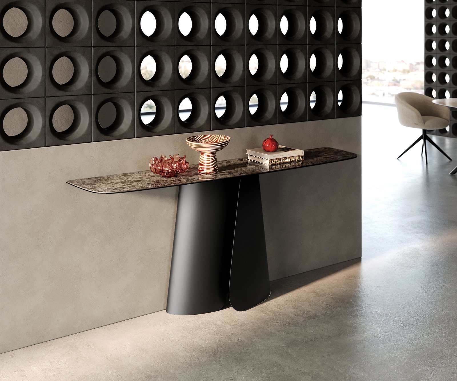 Konsolentisch Edge Boot 180x40 cm Keramik Emperador Extra Lucidato Dunkelbraun Livos Metall Schwarz
