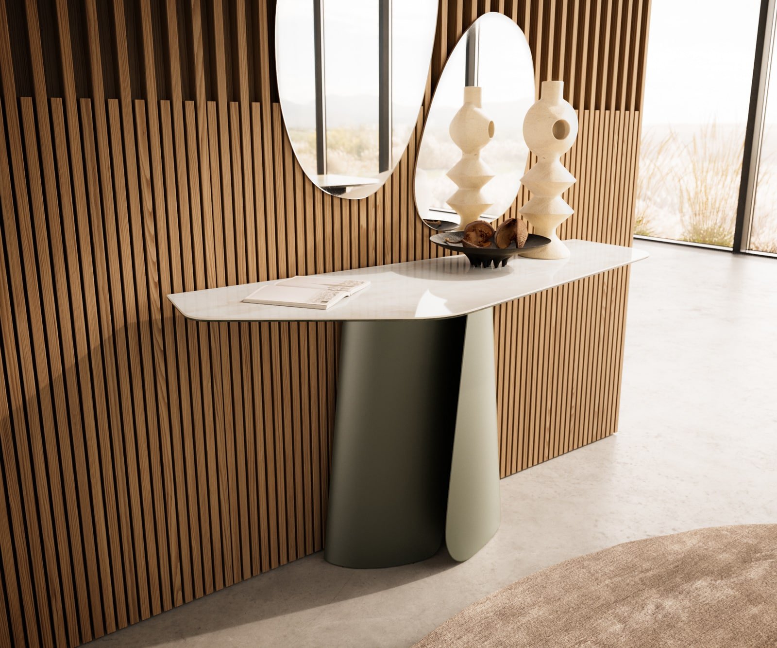 Konsolentisch Edge Polygonal 140x50 cm Keramik Onyx Champagne Livos Metall Effektfinish Titan
