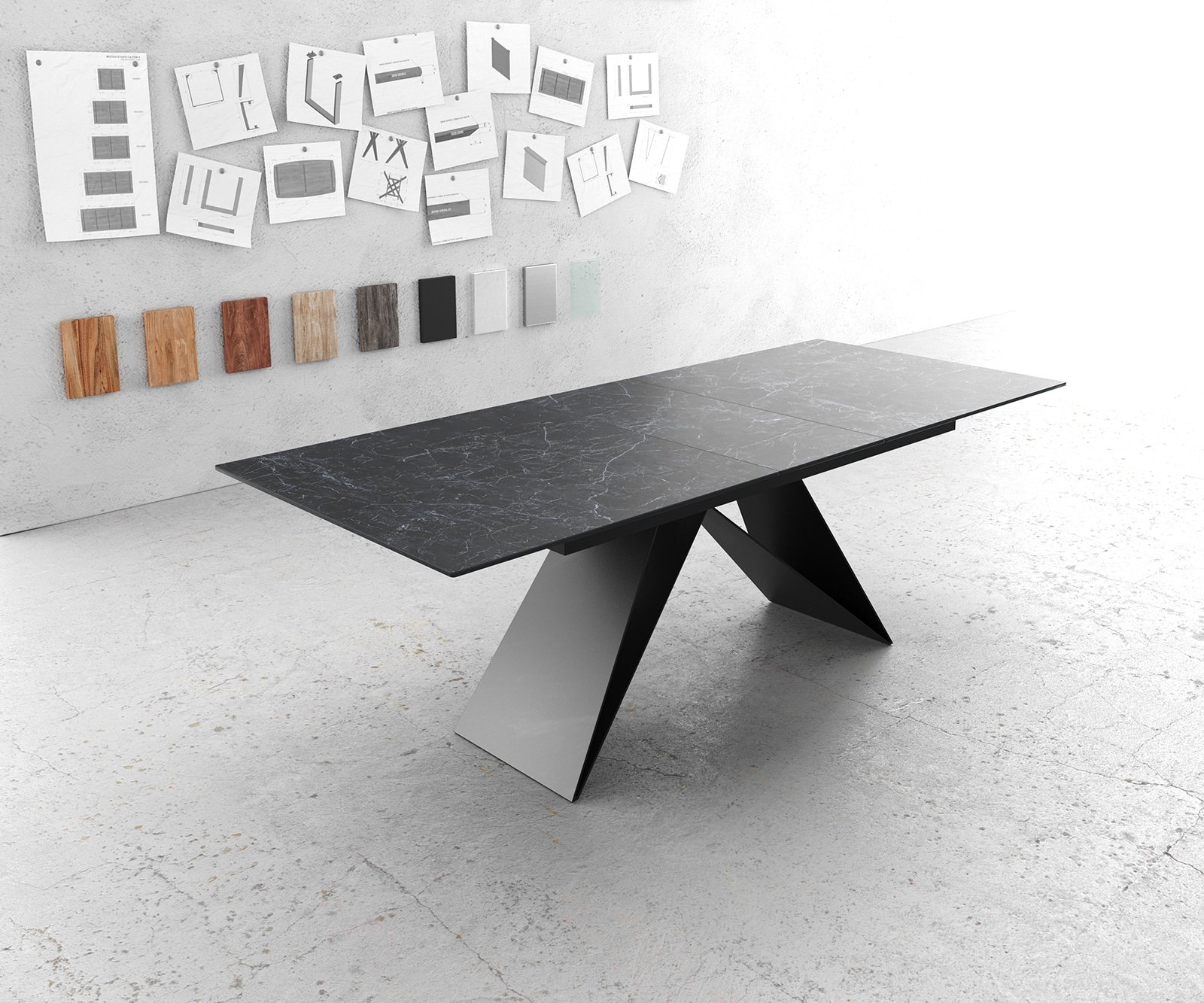 Esstisch Edge 180-220x100cm Keramik Laminam®Nero Greco Anthrazit V-Mittelfuß Schwarz ausziehbar