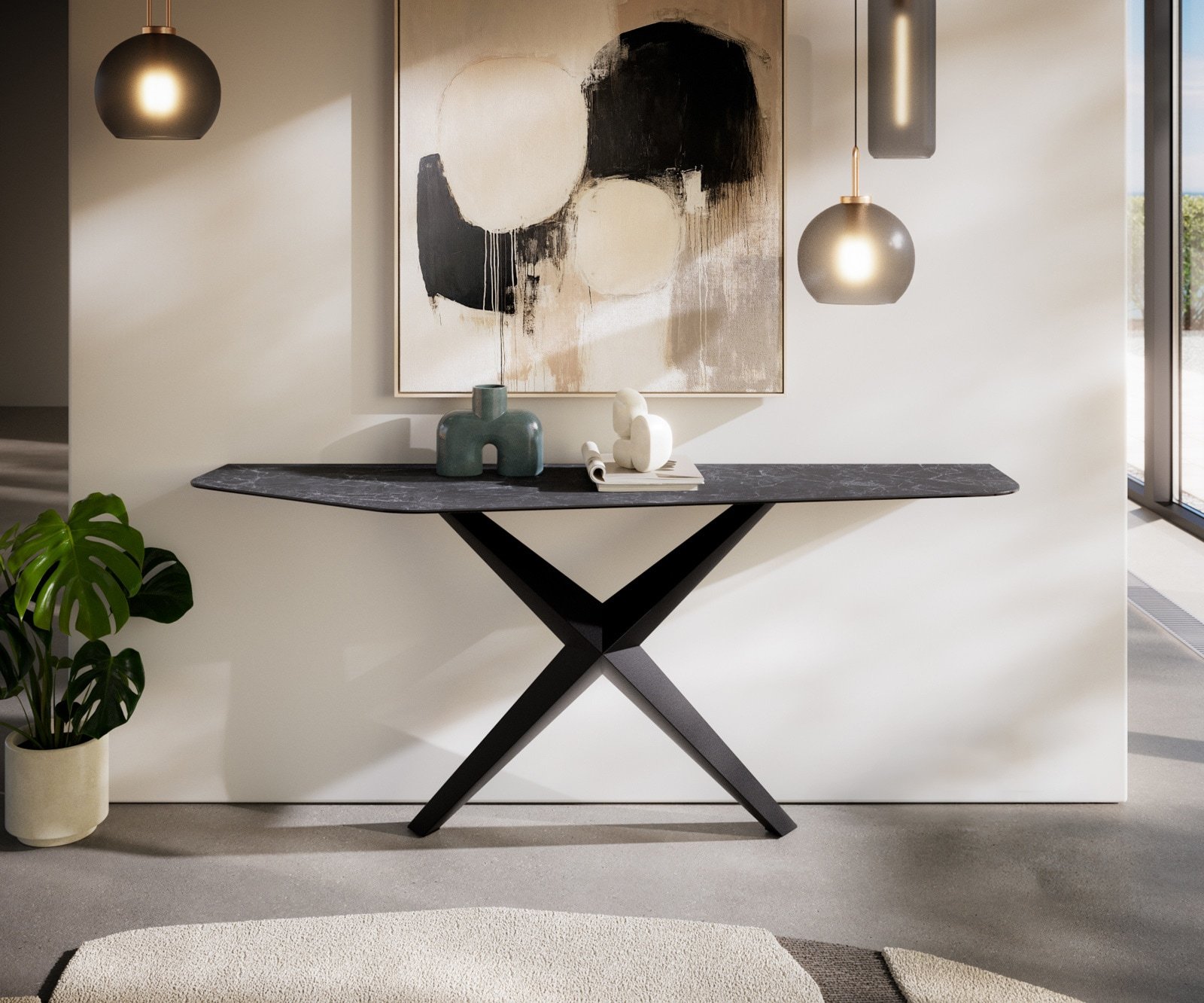 Konsolentisch Edge Polygonal 180x50 cm Keramik Laminam® Nero Greco Anthrazit Zentharo Metall Schwarz