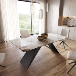 Esstisch Edge 200x100 Keramik Minas Melange Weiß-Beige V-Gestell Flachstahl Schwarz