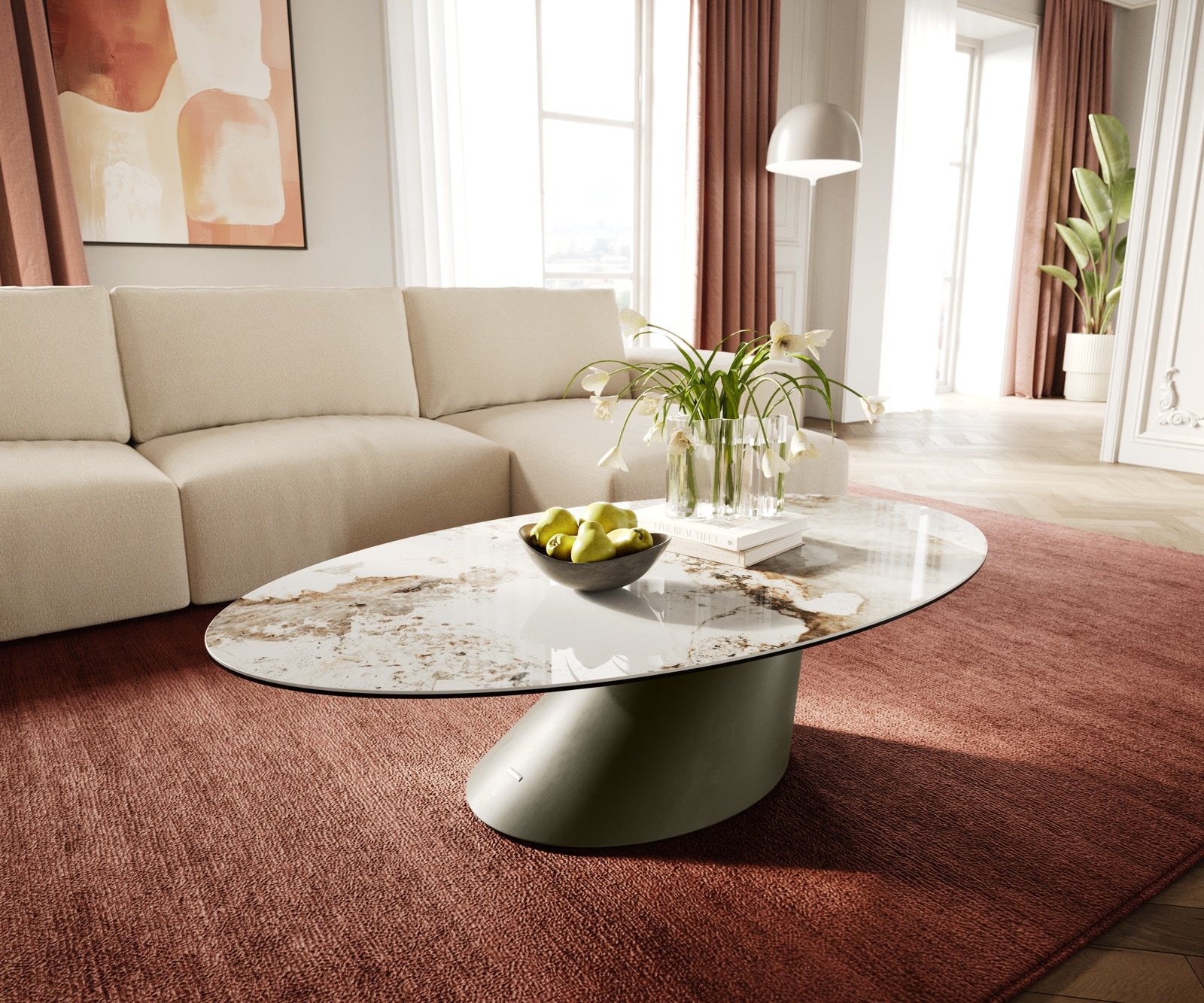 Couchtisch Edge Oval 140x80 cm Keramik Minas Melange Conis Metall Effektfinish Titan