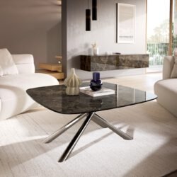 Couchtisch Edge Boot 90x90 cm Keramik Emperador Extra Lucidato Dunkelbraun Sarity Edelstahl gebürstet