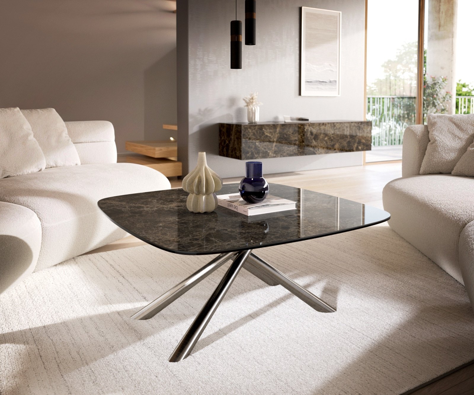 Couchtisch Edge Boot 90x90 cm Keramik Emperador Extra Lucidato Dunkelbraun Sarity Edelstahl gebürstet