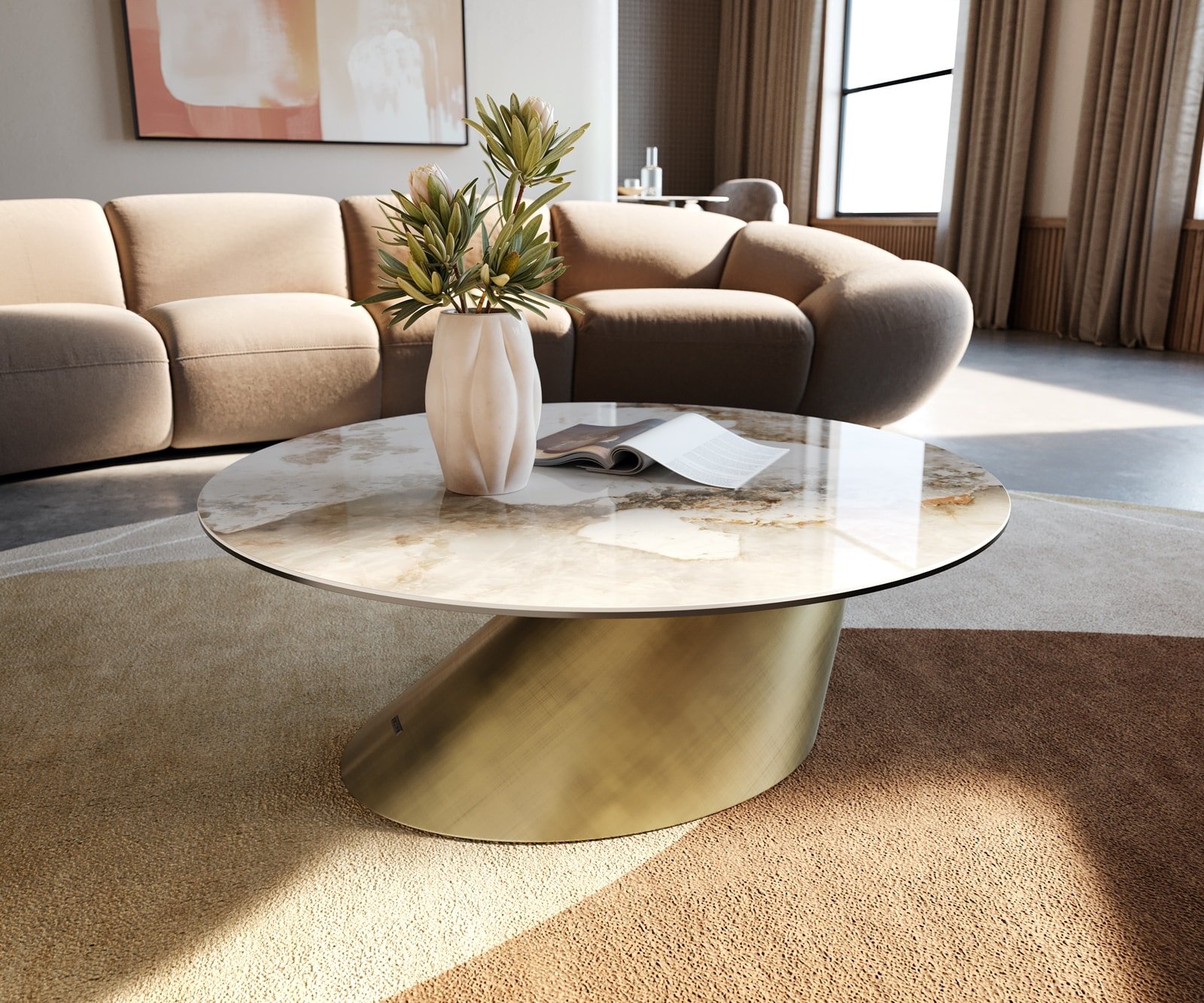 Couchtisch Edge Rund 90x90 cm Keramik Minas Melange Conis Metallic Gold