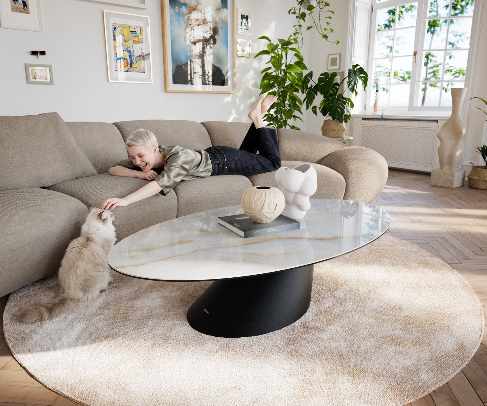 Couchtisch Edge Oval 140x80 cm Keramik Onyx Pearl Conis Metall Schwarz