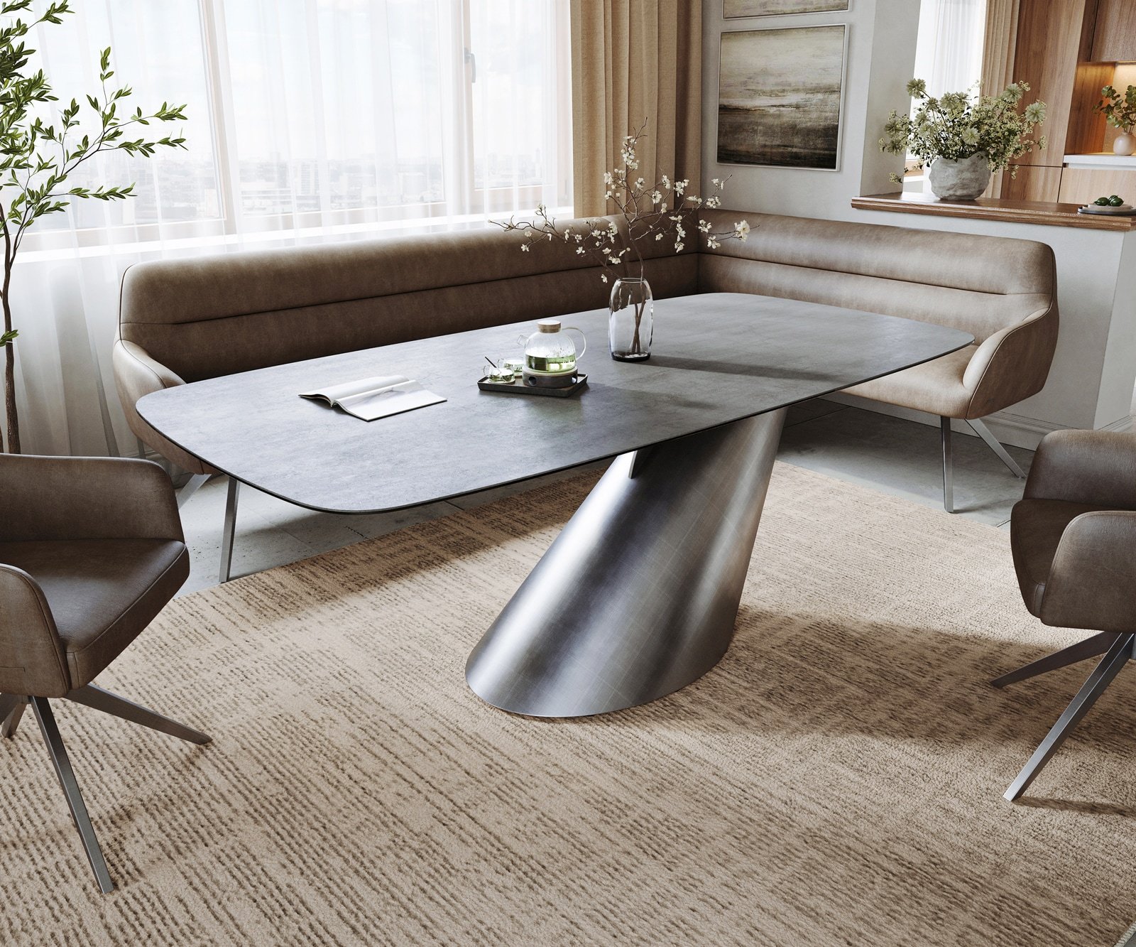 Esstisch Edge Boot 200x100 cm Keramik Beton Grau Cono Metallic Silber