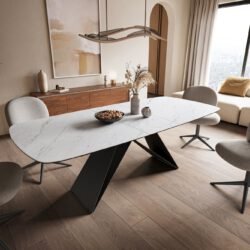 Esstisch Edge Boot 180-220x100 cm Keramik Laminam® Statuarietto Weiß V-Gestell Flachstahl Schwarz ausziehbar