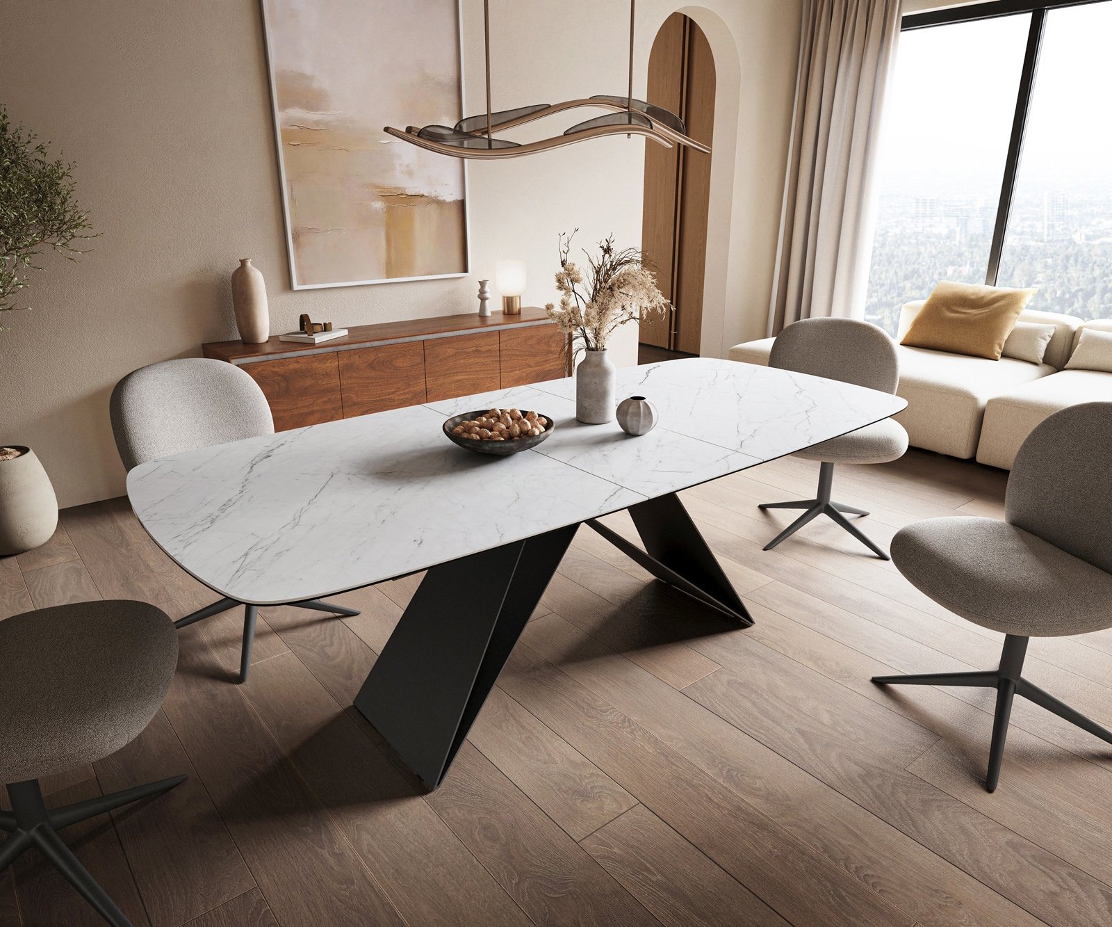 Esstisch Edge Boot 180-220x100 cm Keramik Laminam® Statuarietto Weiß V-Gestell Flachstahl Schwarz ausziehbar