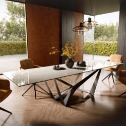 Esstisch Edge 300x100 cm Keramik Onyx Champagne Spider Flachstahl Edelstahl Graphit