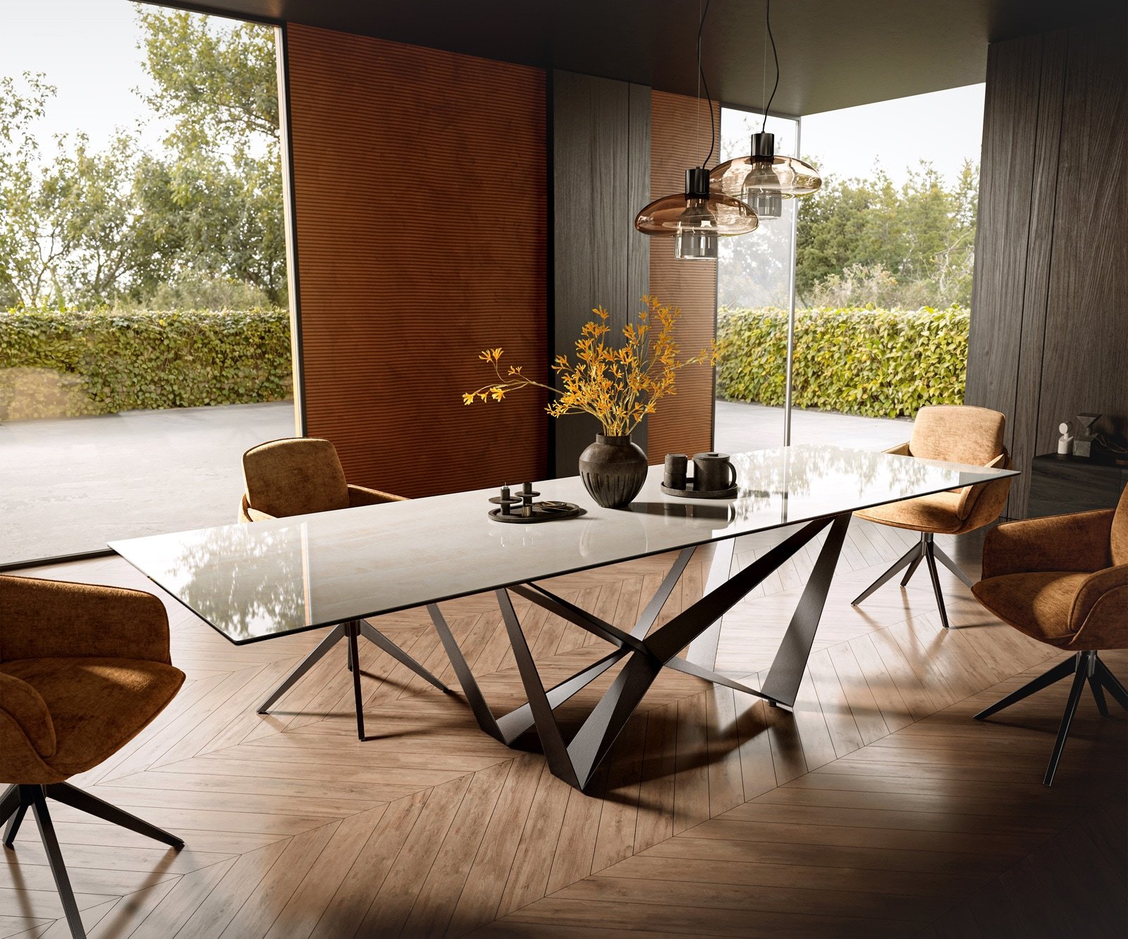 Esstisch Edge 300x100 cm Keramik Onyx Champagne Spider Flachstahl Edelstahl Graphit