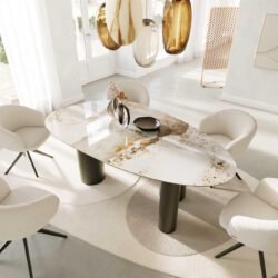 Esstisch Edge Oval 220x120 Keramik Minas Melange Weiß-Beige Pilier Metall Effektfinish Titan