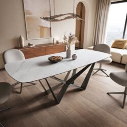 Esstisch Edge Boot 180-220x100 cm Keramik Laminam® Statuarietto Weiß Spider Flachstahl Edelstahl Graphit ausziehbar