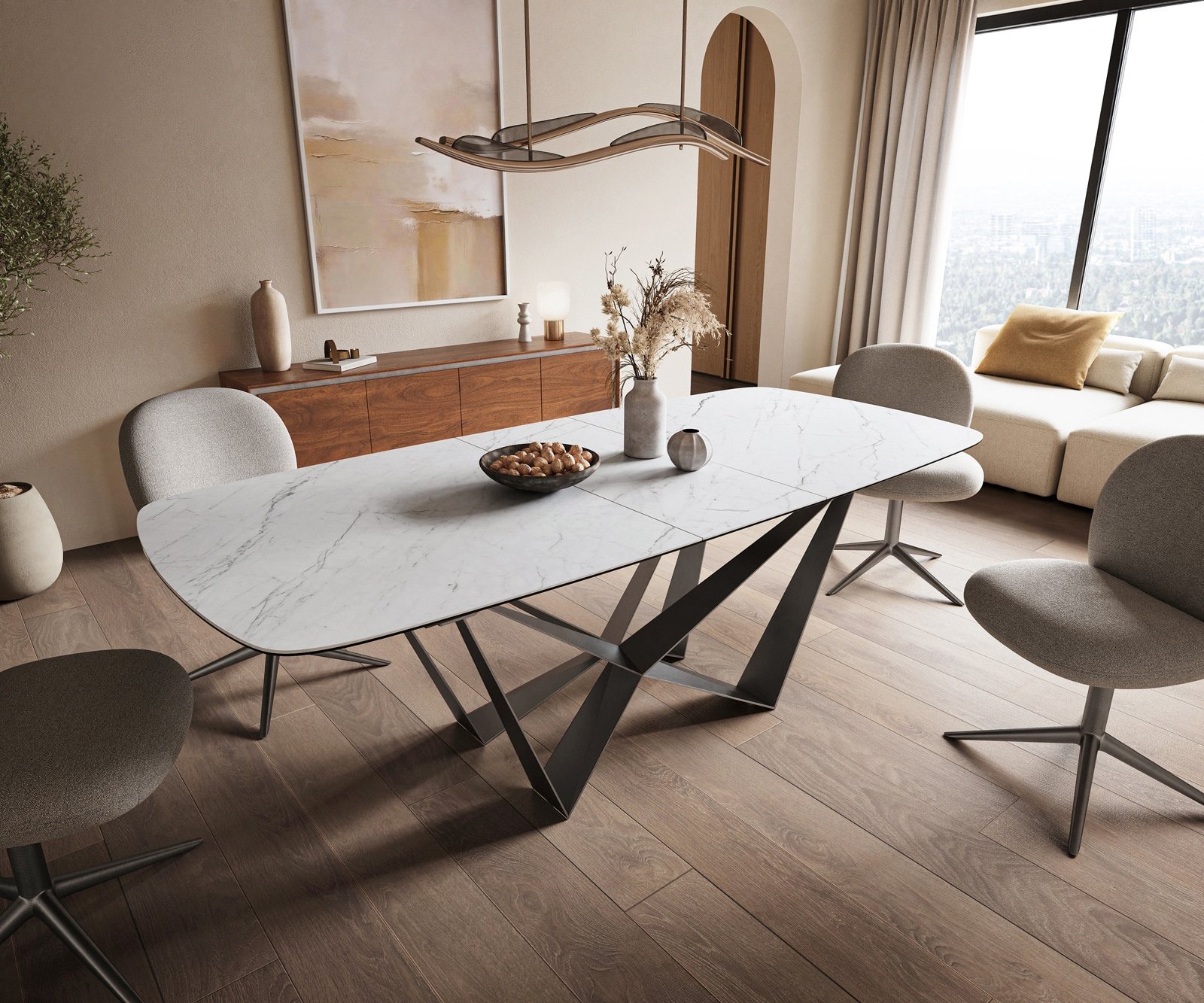 Esstisch Edge Boot 180-220x100 cm Keramik Laminam® Statuarietto Weiß Spider Flachstahl Edelstahl Graphit ausziehbar